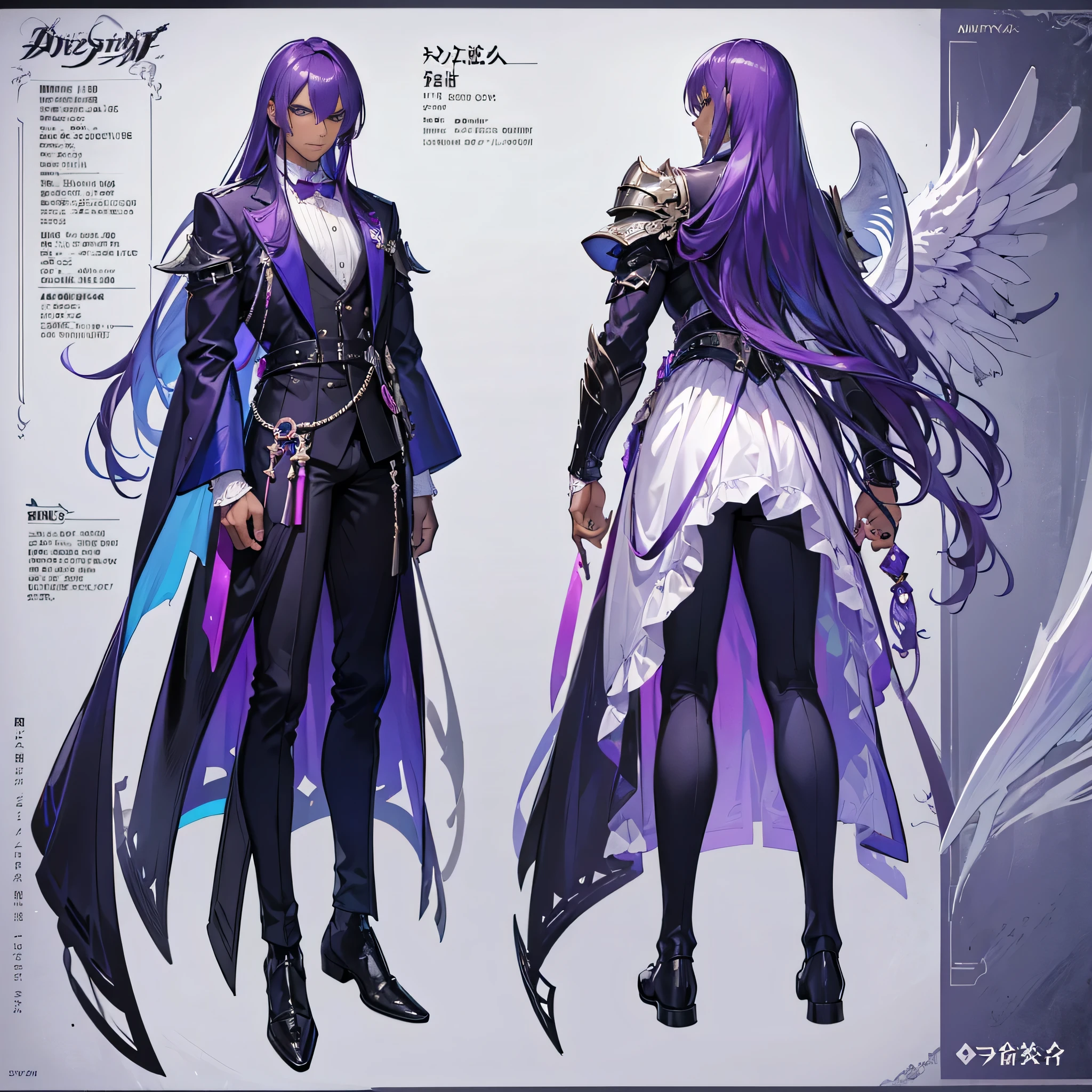 (Masterpiece, Highest quality), (Masterpiece, best quality), detailed, 1 Male, (character concept art), (character design sheet, same character, front, side, back), (masterpiece), (((best quality))), (character design sheet, same character, front, side, back), 1 Male, 1 Man, Detailed face, character design sheet，full bodyesbian, Highly detailed, character sheet, character design, Many parts, dark skin, angel wings, long purple hair, angel outfit, masculine, muscle man, male muscle, manly male, manly man, male angel, manly angel, Muscle male with purple long hair，handsome man, male angel , man tall