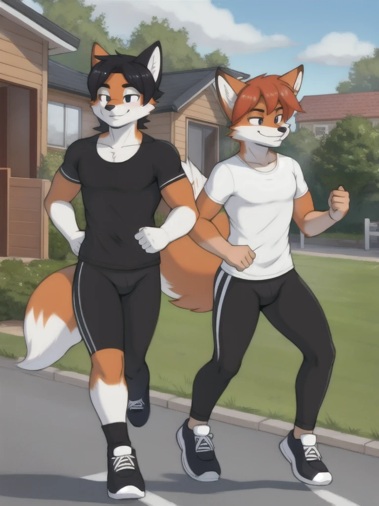 Furry, fox, male, twins, black leggings, white shirt, jogging outside the house, teen