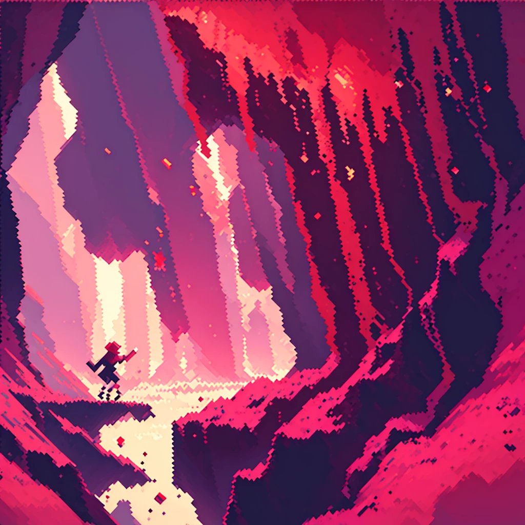 A  with short, reddish hair running to reach a cherry (pixel art), In a celestial cave