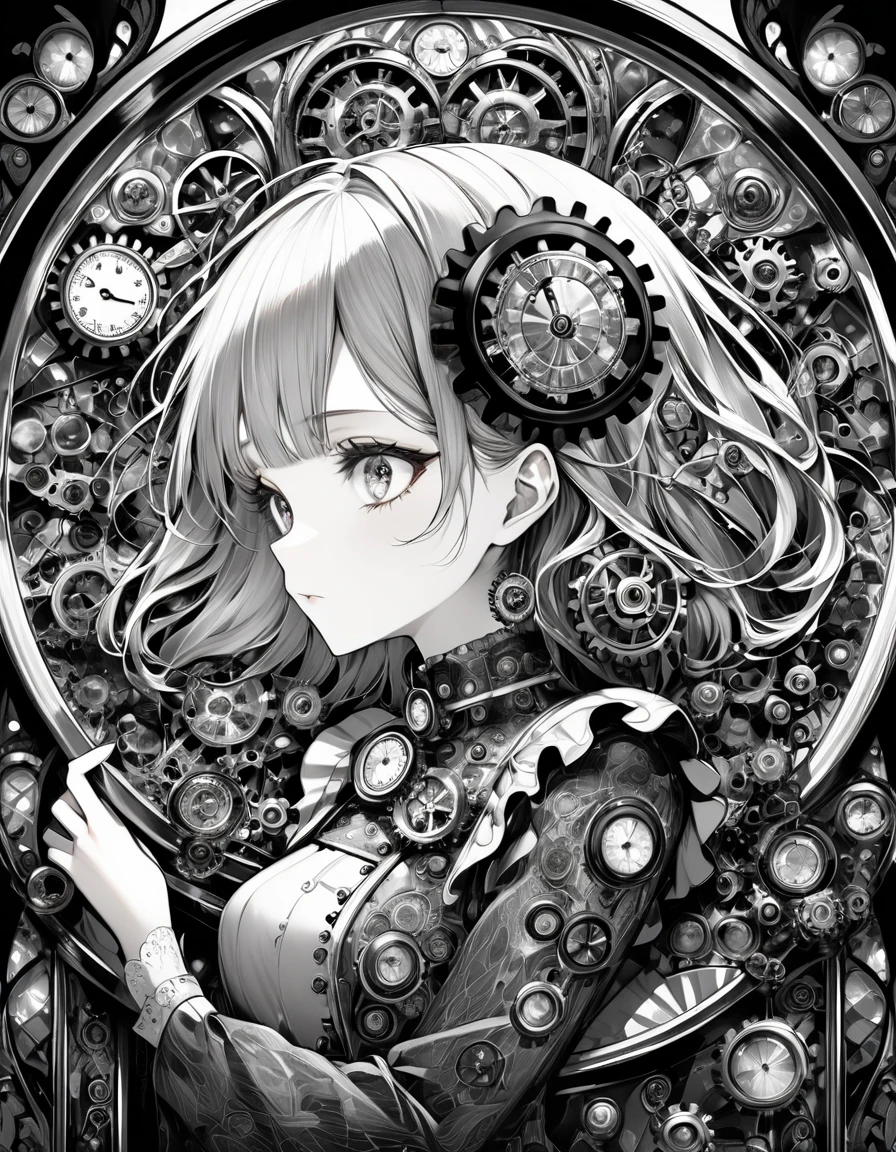 best quality, super fine, 16k, incredibly absurdres, extremely detailed, delicate and dynamic, stained glass kaleidoscope made of jewels of various colors, with mechanical mechanisms, clockwork mechanisms, and gear mechanisms, monochrome girl peering into it, iridescent world artwork 