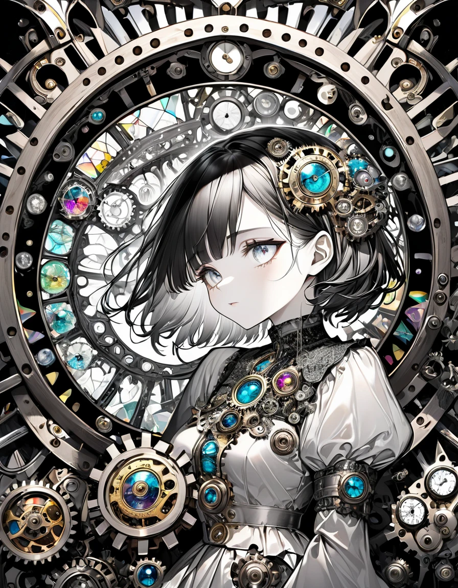 best quality, super fine, 16k, incredibly absurdres, extremely detailed, delicate and dynamic, stained glass kaleidoscope made of jewels of various colors, with mechanical mechanisms, clockwork mechanisms, and gear mechanisms, monochrome girl peering into it, iridescent world artwork