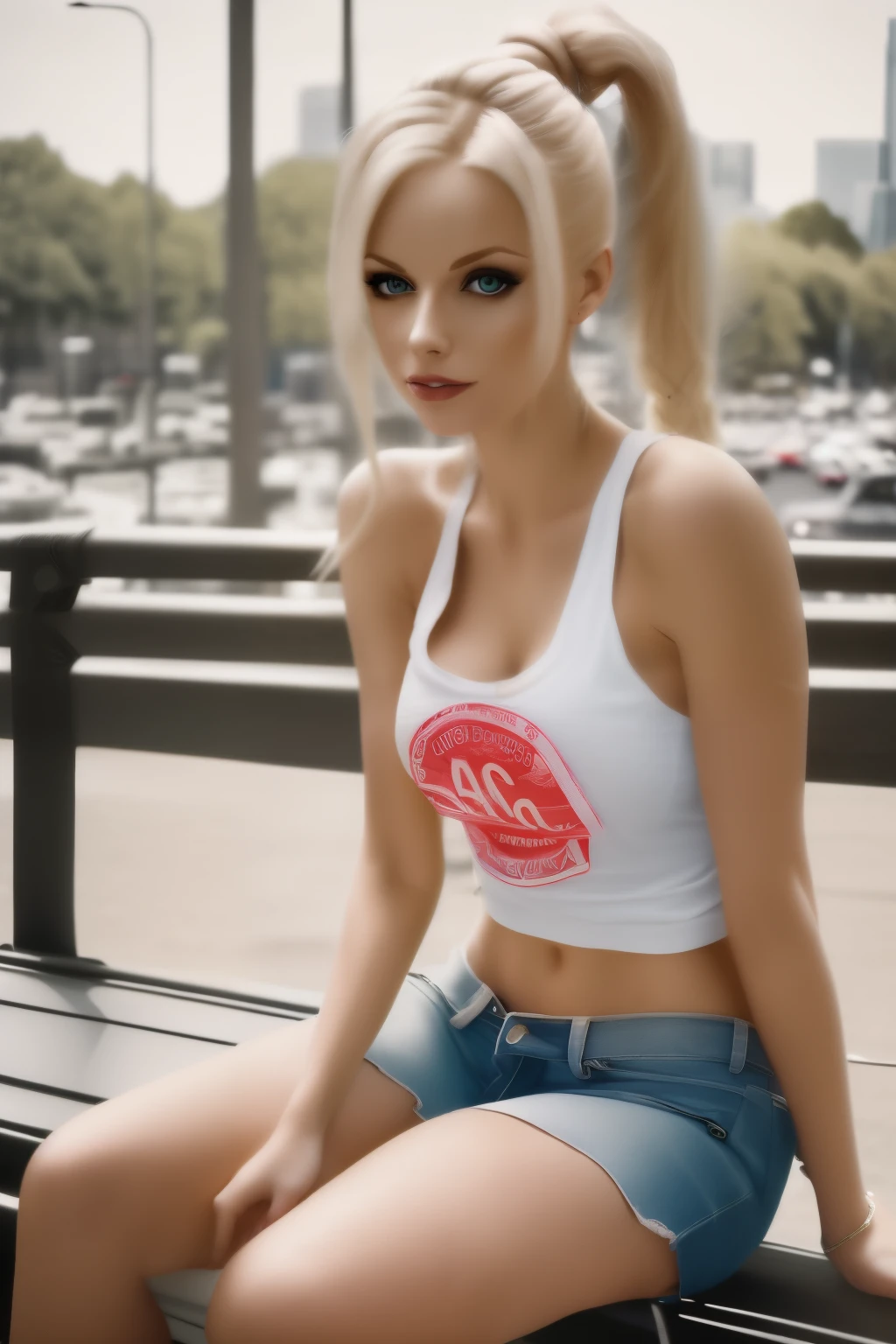 blond woman with ponytail sitting on bench in urban area with city skyline in background, beautiful blonde girl, blonde girl, ultra realistic picture, a gorgeous blonde, blonde woman, beautiful blonde woman, perfect white haired girl, anna nikonova aka newmilky, highly realistic photo, blonde beautiful young woman, pretty face with arms and legs, amazing photorealistic graphics, blonde goddess