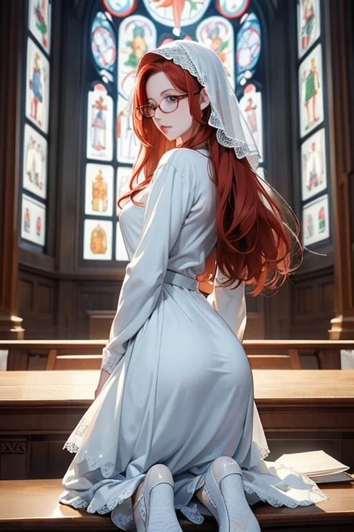 Tall, slender ((redhead)) woman of Irish descent. (pale:1.3)complexion. blue eyes, cute butt, nice legs. Kind eyes, reverent. Eyeglasses, light makeup, long sleeves, lace long ruffle dress, kitten heel shoes, head veil, Sunday best. In Catholic Church, praying Rosary.