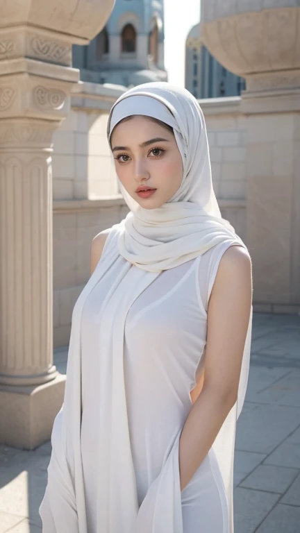 (Masterpiece, top quality, best quality, official art, beautiful and aesthetic: 1.2)
(1girl)
(Hyuga Hinata from Naruto anime, radiant white eyes, captivating with Byakugan eyes)
(Beautiful, ethnic allure in sexy clothes)
(Majestically posing against a mosque background, wearing a hijab)
(Ultra detail, realistic representation of fabric texture, wrinkles, and intricate hijab design)
(Her mesmerizing eyes reflecting tranquility and strength, gaze fixed on the viewer), Proportional body, perfect body figure, alluring, glamorous, slim waist, sexy, portrait, Long hair fluttering in the wind