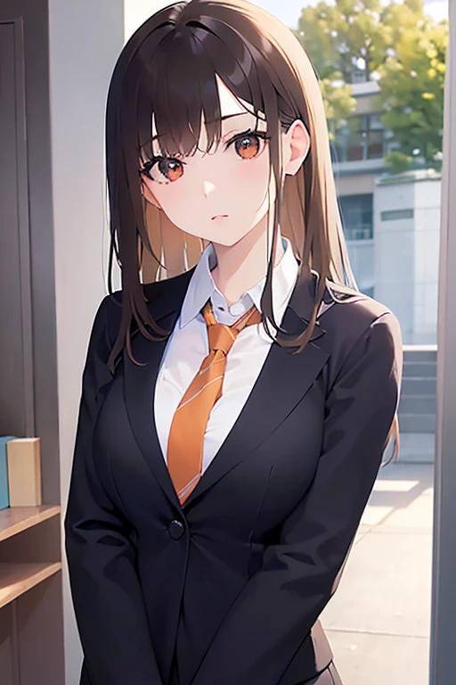 head tilt、Upper Body, Realistic, real person, (pale skin: 1.2), RAW photo, photorealistic, portrait photography, shiny skin, shiny hair、(A 25-year-old woman with medium-length hair and bangs) and (wavy hair) and (brown hair) and (orange eyes) , (Wearing a business suit:1.5) and (Wearing a white collared shirt)、Serious expression, The background is the office、Alone、Are standing、Bold composition