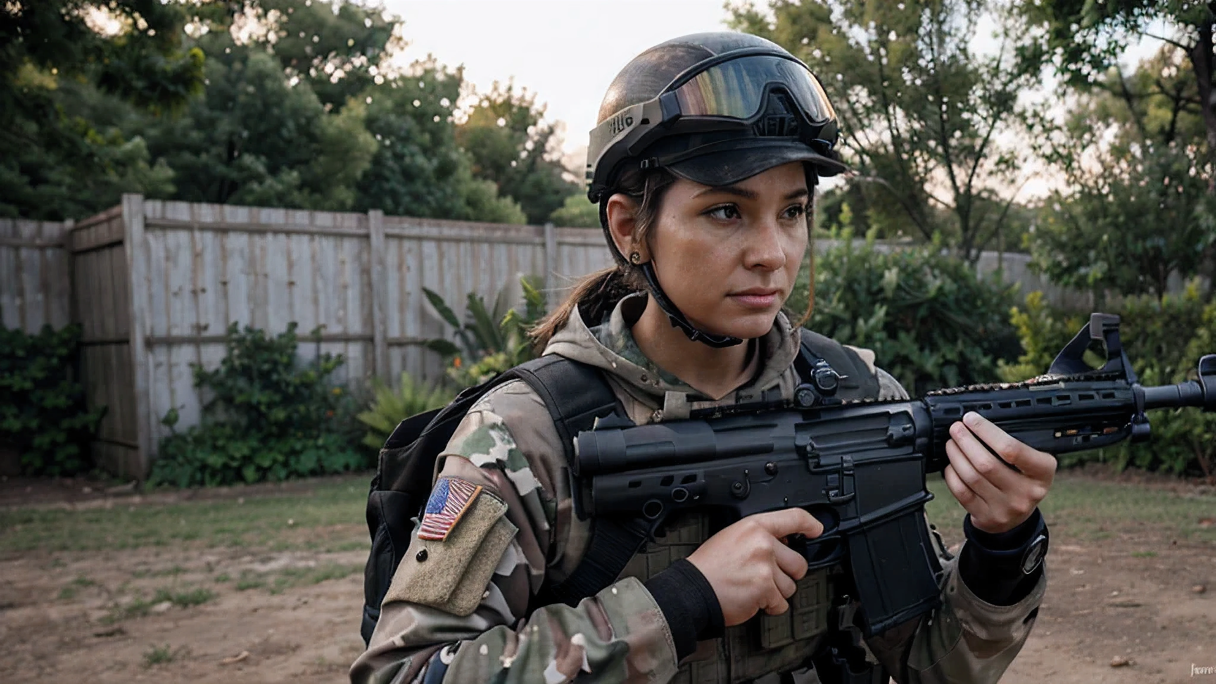 A United States Special Forces agent in full tactical gear, holding a tan AR-15 style rifle with a holographic sight, similar to the one in the provided image. The agent is dressed in a camouflage uniform with body armor, helmet, and protective eyewear. The setting is an outdoor environment with a slightly blurred background to emphasize the focus on the agent and the rifle. The agent has a determined expression, ready for action.