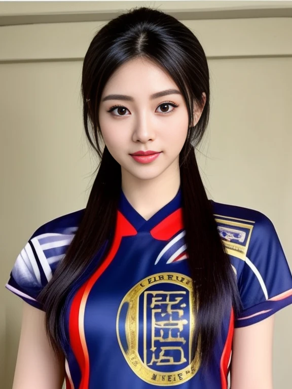 ภาพระยะใกล้ของผู้หญิงponytail, Woman wearing a volleyball shirt Expensive silk, dark blue, Thai anime girl, Chest size 36 inches, beautiful south  ponytail,) long, Flowing hair, ponytail, Korean face is so cute, Korean girl, cute korean stars,