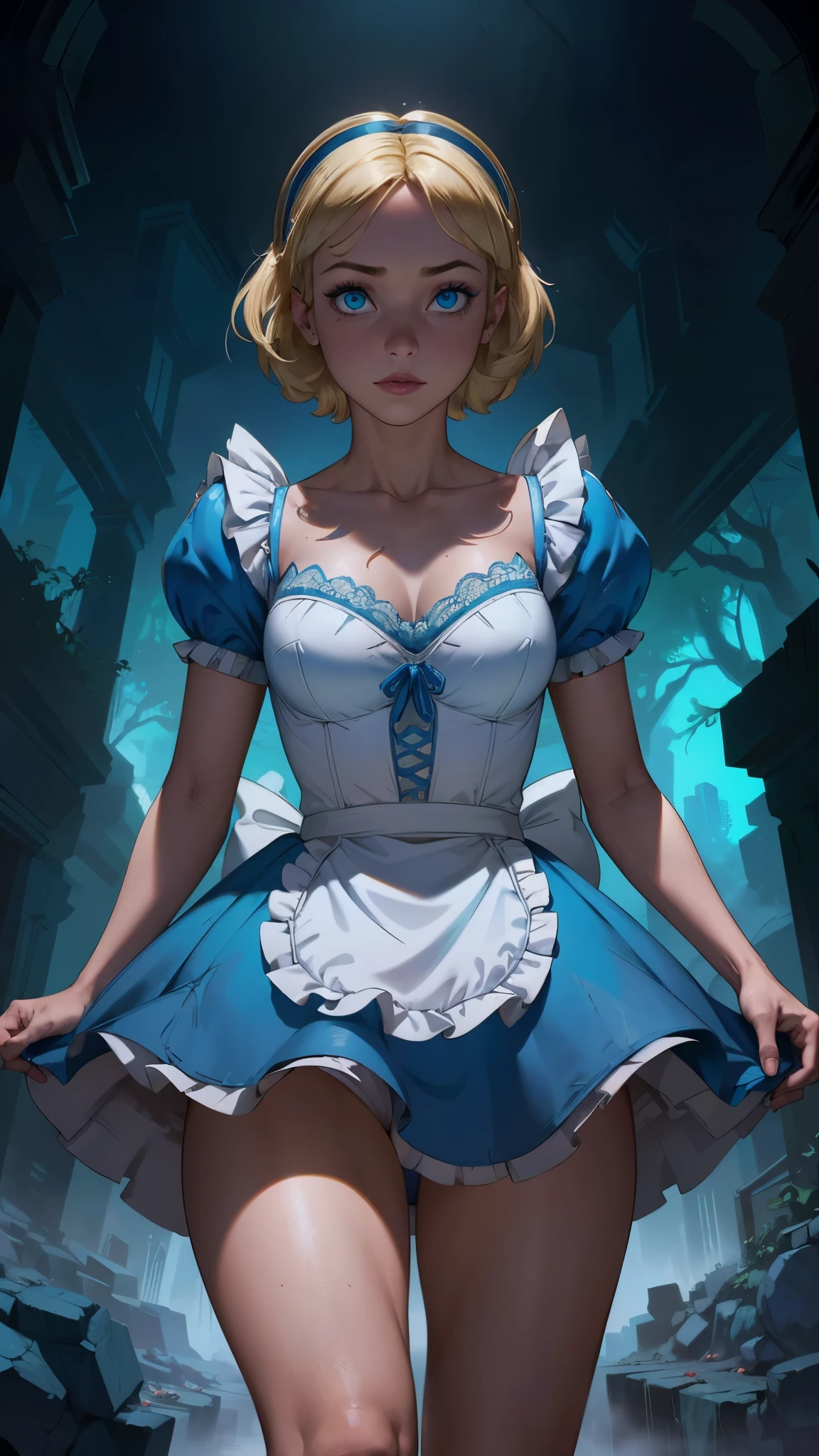 (La mejor calidad,A high resolution,Ultra - detallado,actual),Alice Wonderland, vestido transparent corto azul, medias white muslo, cabello largo amarillo, ,(Fondo de ruinas de mazmorra en ruinas bosque tenebroso cyberpunk :1.4 ), More detailed 8K.motor irreal:1.4,UHD,La mejor calidad:1.4, fotorrealista:1.4, textura de la piel:1.4, obra maestra:1.8,obra-prima, mejor calidad,objeto Objeto], (detailed face features:1.3),(Las proporciones correctas),(Ojos hermosos azules:1.4 ),  (pose vaquero),( Alice Wonderland:1.4), (Alice Wonderland V2.1), (perfect anatomy :1.4),( no mutaciones), (Alice Liddell Disney:1.4), (dynamic cowboy pose), (face detailed :1.4), (mostrando panties), (cinematic lighting :1.4), (estilo encaje lingerie white :1.4),( Jenna Ortega :1.4), (Jenna Ortega V2.1) 