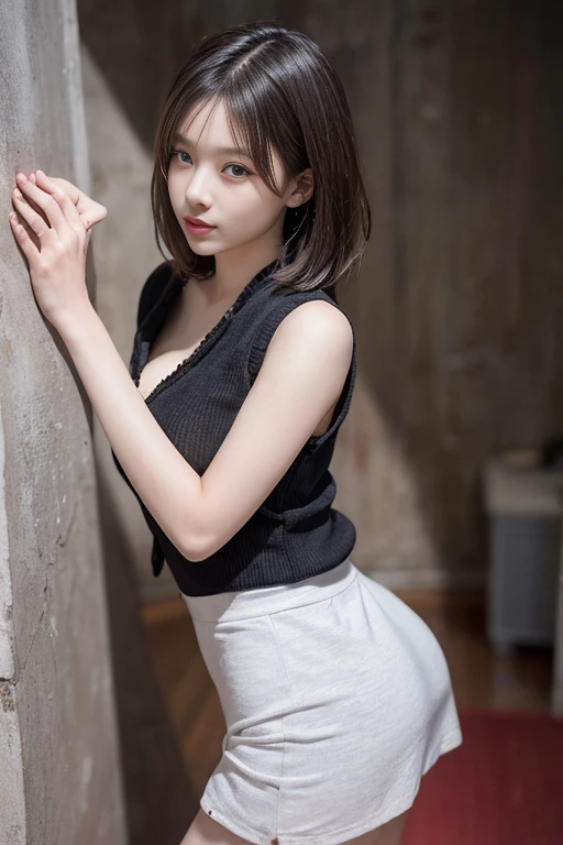 Top image quality、original photography、Ultra-high resolution、An 18-year-old female、Photographed only for one person、Model photoshoot、big round breasts、cleavage、Wear a vest、wearing black skirt、Beautiful eye for details、eyes very long、beautiful eyelashes、Beautiful double eyelids、gray wall、The legs are slender、Light brown shorthair cat、Very slim figure、the buttocks are very small