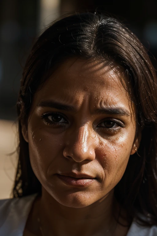 "Portrait of a 40 year old Brazilian woman, clear facial features crying, cinematic, wide shot, 35mm lens, f/1.8, highlight lighting, global illumination::1"