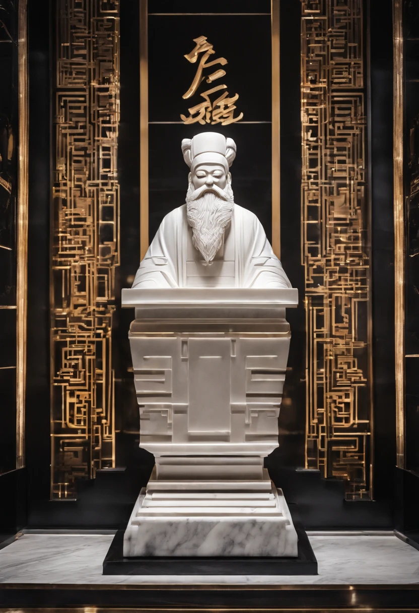 In the museum、White marble statue of a bearded ancient Chinese sage bust. Dark atmosphere, High contrast between light and shadow, Professional photography, Surrealist, Light Volumetric, Cinematic