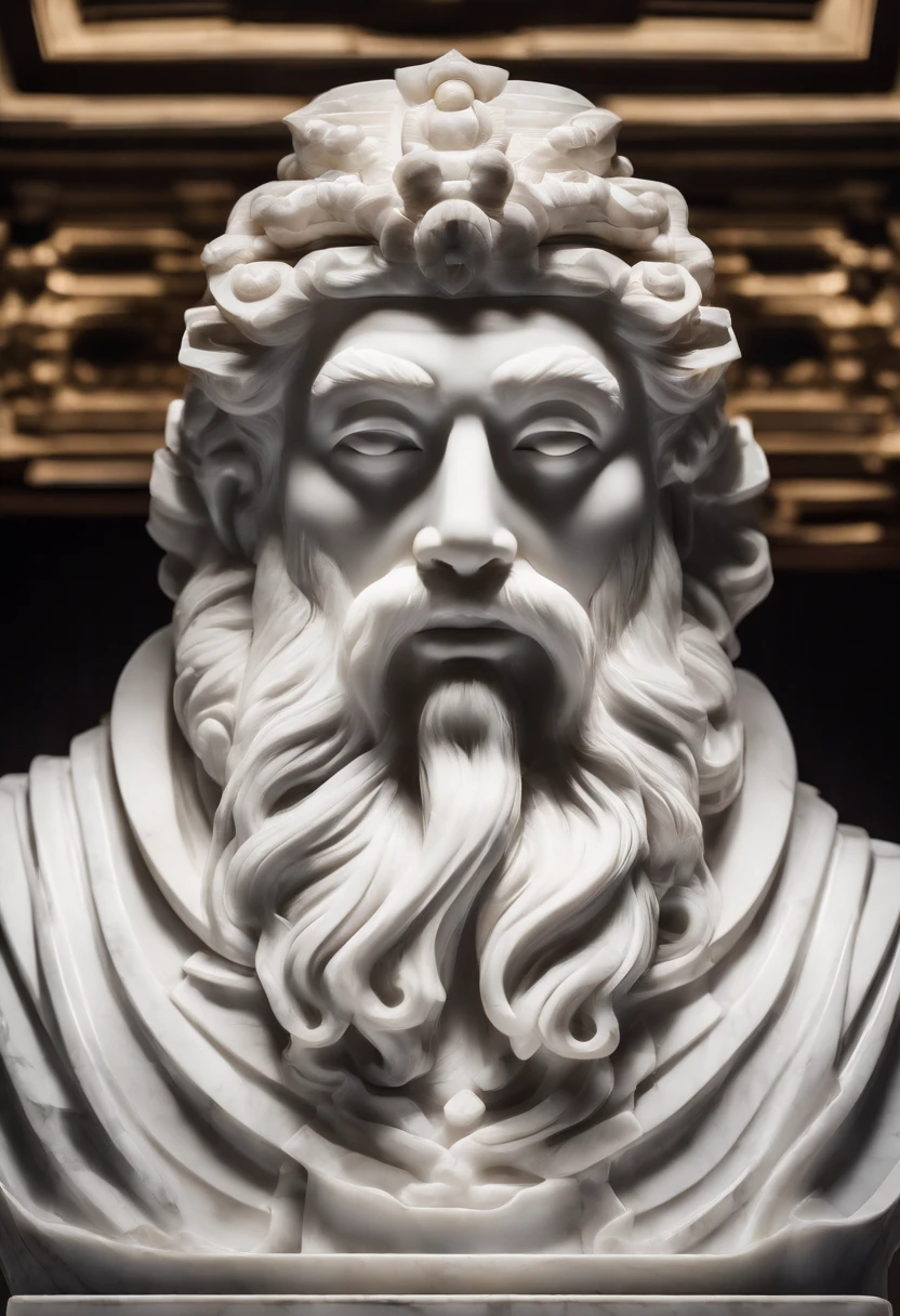 In the museum、White marble statue of a bearded ancient Chinese sage bust. Dark atmosphere, High contrast between light and shadow, Professional photography, Surrealist, Light Volumetric, Cinematic