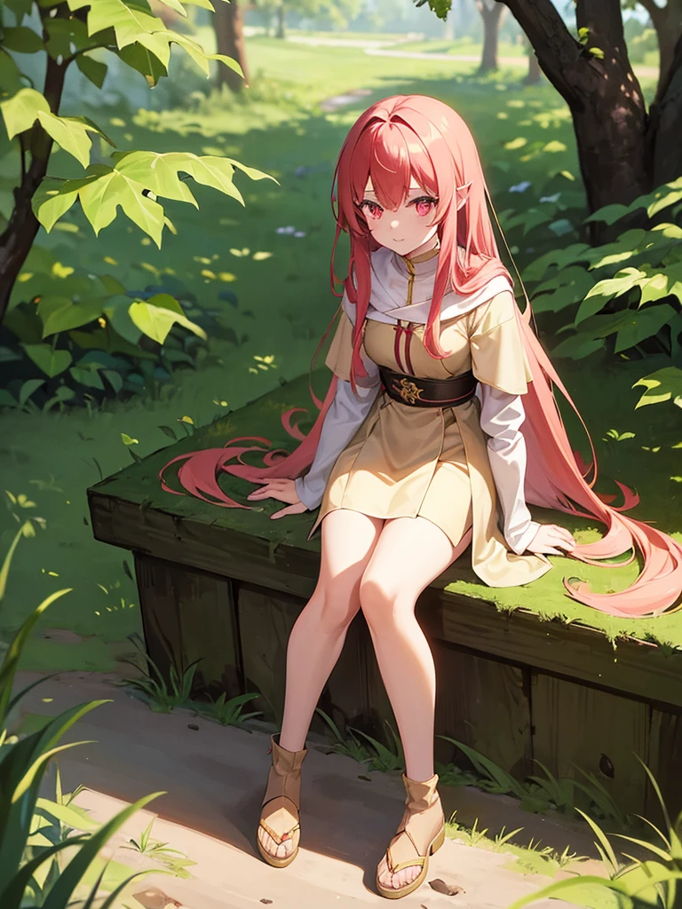 Anime girl with long loose and very messy red hair and pink eyes in medieval worn beige clothes and a bright green cape sitting on the grass in a forest next to wolves