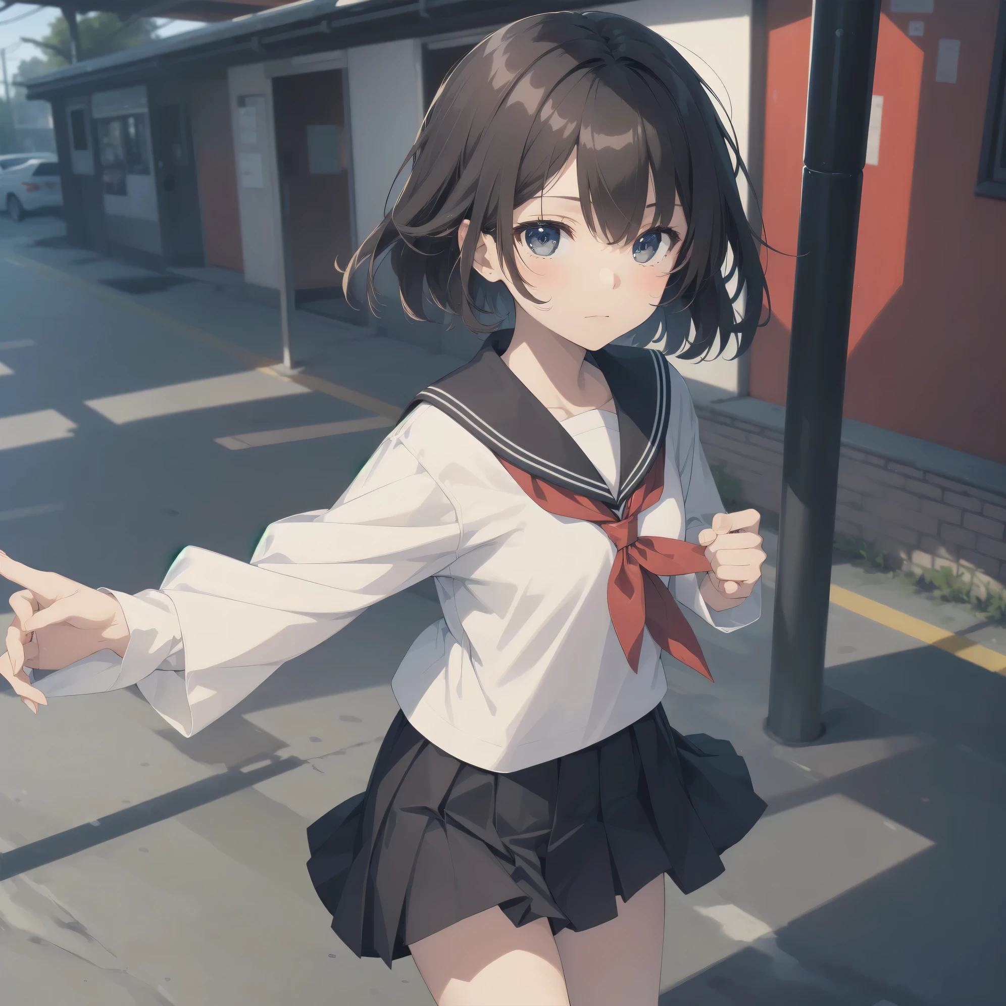 ultra-absurdres-Top quality by artist God, ultra-detailed, high resolution, anime moe artstyle, best anime 8k konachan wallpaper, pixiv contest winner, pool:2810, perfect anatomy,break, 1girl, (Please draw a girl walking sleepily to school alone. )break,(Solo,little female, -yeld:1.Full limbs, complete fingers,a junior hihort hair), short cut, flat chest, , small butt, small black eyes, beautiful detailed eyes, well-proportioned iris and pupils, expressive eyes, highres detailed hair, soft expression, salor school_uniform, sailor collar, serahuku, bow, pleated skirt,(Detailed Lighting), (Detailed background), in the School commute route. break,super detailed skin, Best cinematic lighting powered by famous artist, 8k,beauty illustration,photoshop_(medium),very aesthetic,break,((artist:nyantcha )), artist:clamp ,artist:carnelian ,artist:kantoku ,