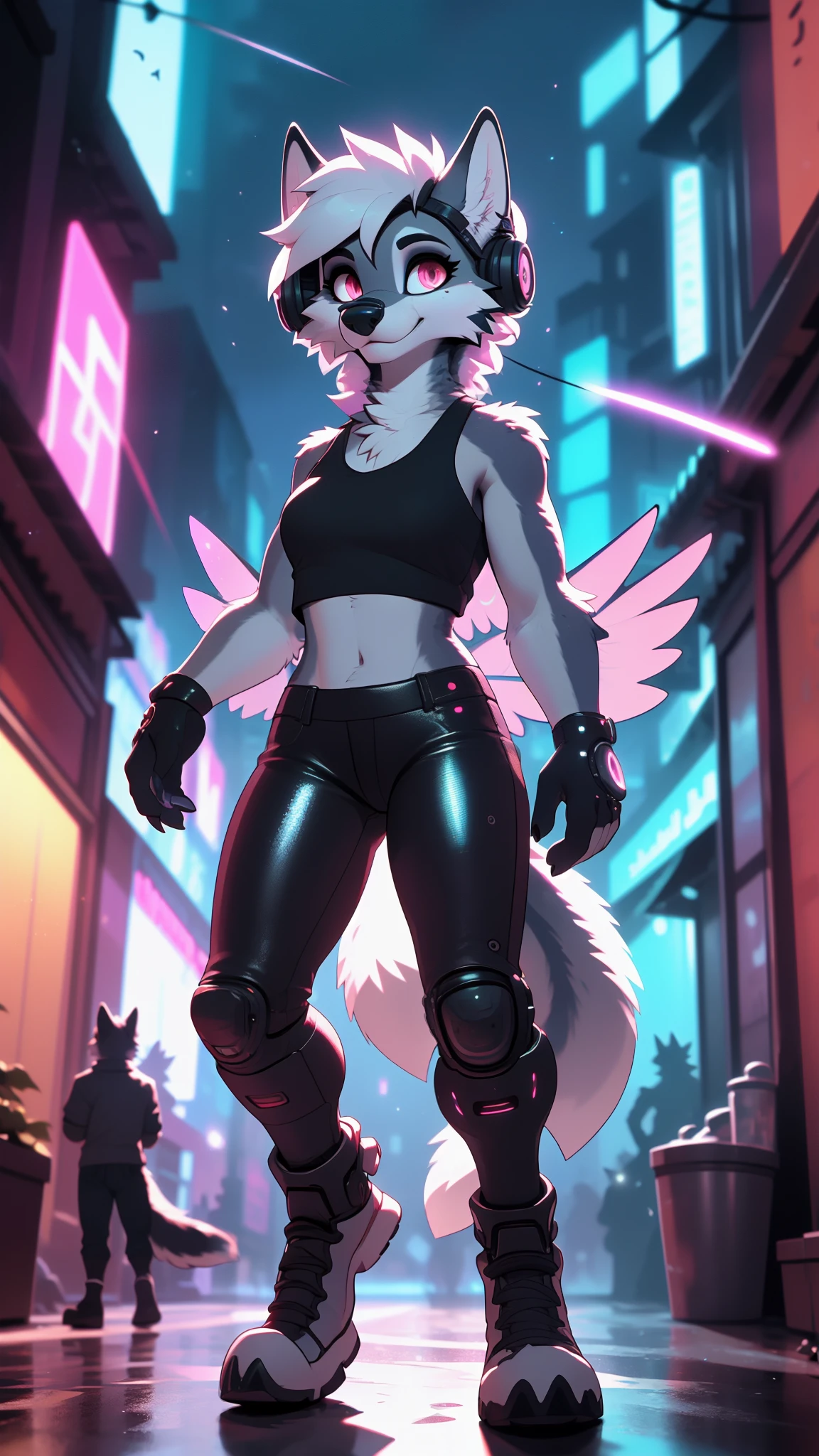 A very detailed portrait of a lone wolf girl standing on a street corner, (anthro, furry, muzzle: 1.2), mustaches, during a storm with lightning and a cloudy sky, neon and cyberpunk background, wears punk clothes and a tight latex pants with silver chains and silver spikes, has a butterfly wing clip in her wild hair, has headphones and a tie, small, detailed bright red eyes with distinct pupils, ominous halo aura, smile, punk, cyberpunk, backlighting, masterpiece, best quality, intricate detail, absurd, high detail Color RAW Photo, highly detailed, rough lighting, cinematic lighting, detailed eyes, distinct pupils, contrast, hard light, gigapixel, 8k resolution, beautiful, cinematic, elegant, hyper-realistic, octane, unreal, unreal, high definition, 8k resolution, highly detailed, 8k uhd, professional lighting, photon mapping, radiosity, physics-based rendering, award-winning photography, detailed face, backlight, ultra-realistic, ray tracing, vivid look, cinematic lighting