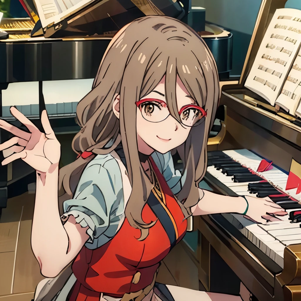 Masterpiece、Mizuki、Light brown hair、Light brown eyes、Red-rimmed glasses、Dressed、(((play piano)))、smile、Upper Body、Live Stage