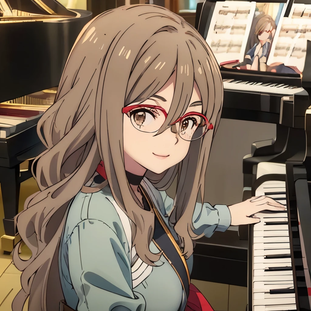 Masterpiece、Mizuki、Light brown hair、Light brown eyes、Red-rimmed glasses、Dressed、(((play piano)))、smile、Upper Body、Live Stage