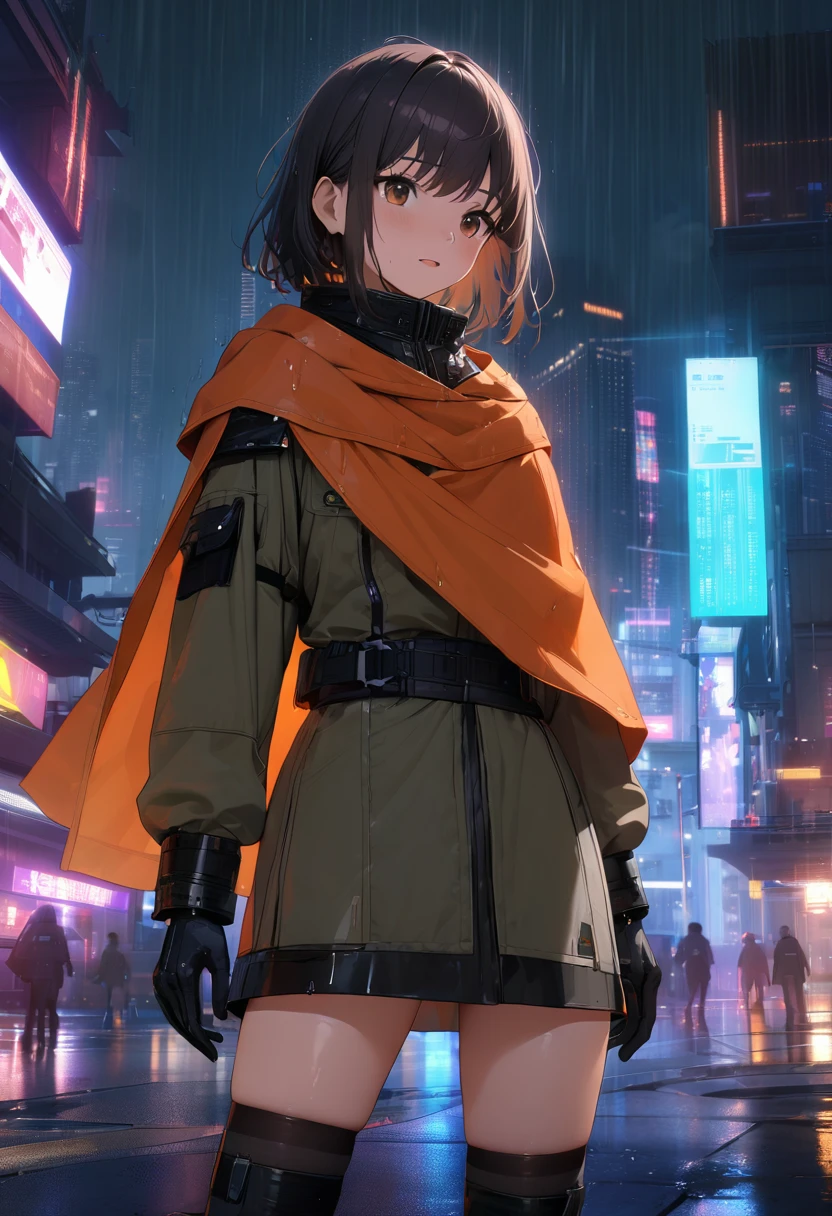 ((masterpiece)),((best quality)),((High Detail)),((Practical,)) 17-year-old girl in white military uniform, Orange cape, Big brown eyes, Long black hair, Future Era City, architecture街道, Cyberpunk, architecture, night, rain,