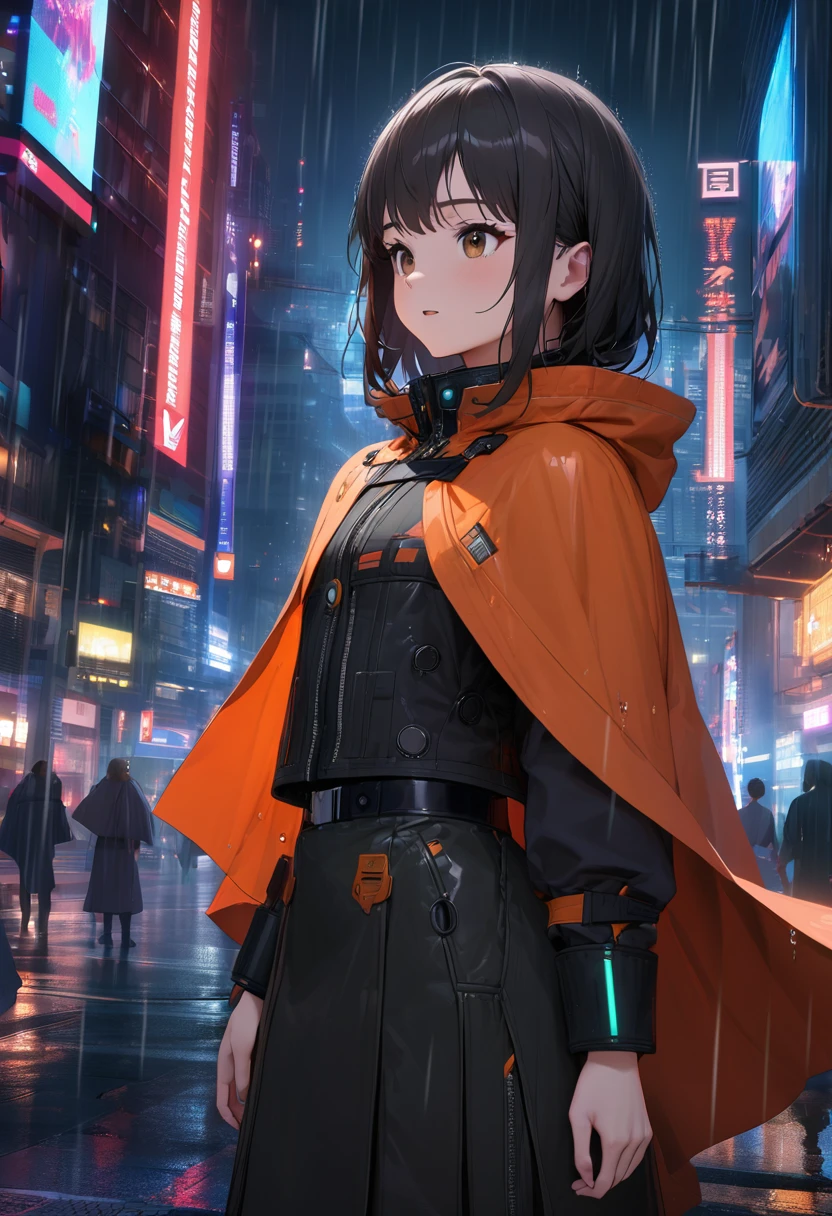 ((masterpiece)),((best quality)),((High Detail)),((Practical,)) -yeld giin white military uniform, Orange cape, Big brown eyes, Long black hair, Future Era City, architecture街道, Cyberpunk, architecture, night, rain, 