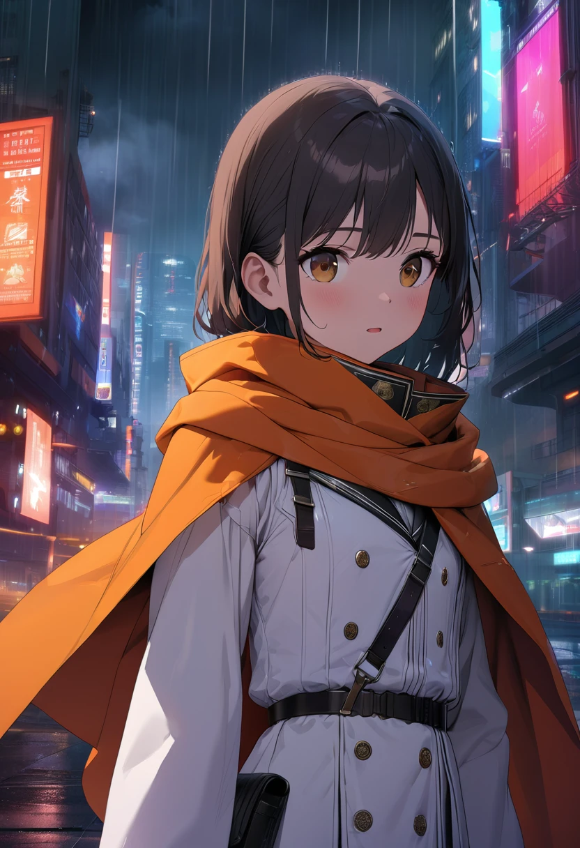 ((masterpiece)),((best quality)),((High Detail)),((Practical,)) 17-year-old girl in white military uniform, Orange cape, Big brown eyes, Long black hair, Future Era City, architecture街道, Cyberpunk, architecture, night, rain, 