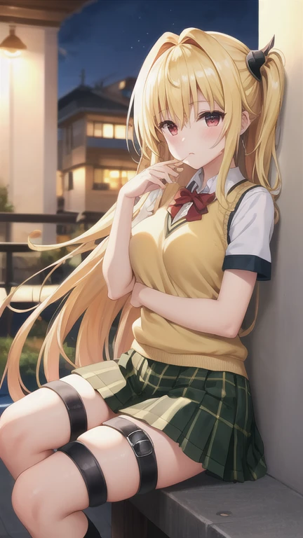 masterpiece, best quality, highres, BREAK , phyami, yamisch,  long hair,hair ornament, hair between eyes, blonde hair, very long hair,red eyes,
  ,thigh strap, sweater vest, plaid skirt, plaid, socks, pleated skirt, skirt,
/=yaminor,etached sleeves, black dress=/
BREAK
,
, BREAK ,sleepy,old cafe terrace evening, , platinum, gold, multicolored theme, , intense angle, push- up pose,looking at viewer, breasts,