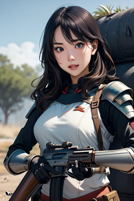 survival game、Heavy Armored Soldier、survival gameのフィールド、A beautiful girl is holding a firearm、head to waste、Vulcan cannon、m134 milligun、Material Rifle、heavy machine gun、