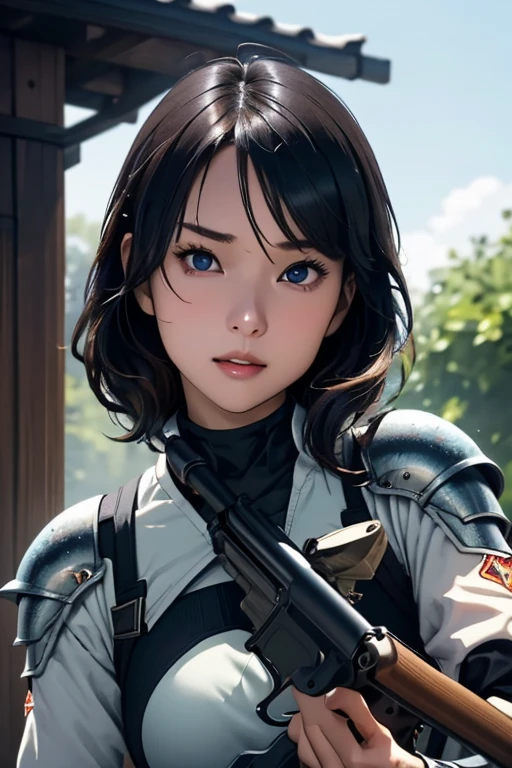 survival game、Heavy Armored Soldier、survival gameのフィールド、A beautiful girl is holding a firearm、head to waste、Vulcan cannon、m134 milligun、Material Rifle、heavy machine gun、