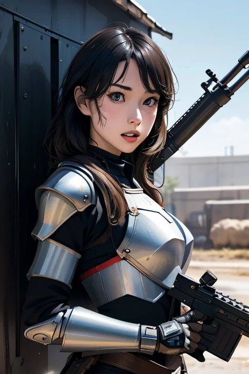 survival game、Heavy Armored Soldier、survival gameのフィールド、A beautiful girl is holding a firearm、head to waste、Vulcan cannon、m134 milligun、Material Rifle、heavy machine gun、