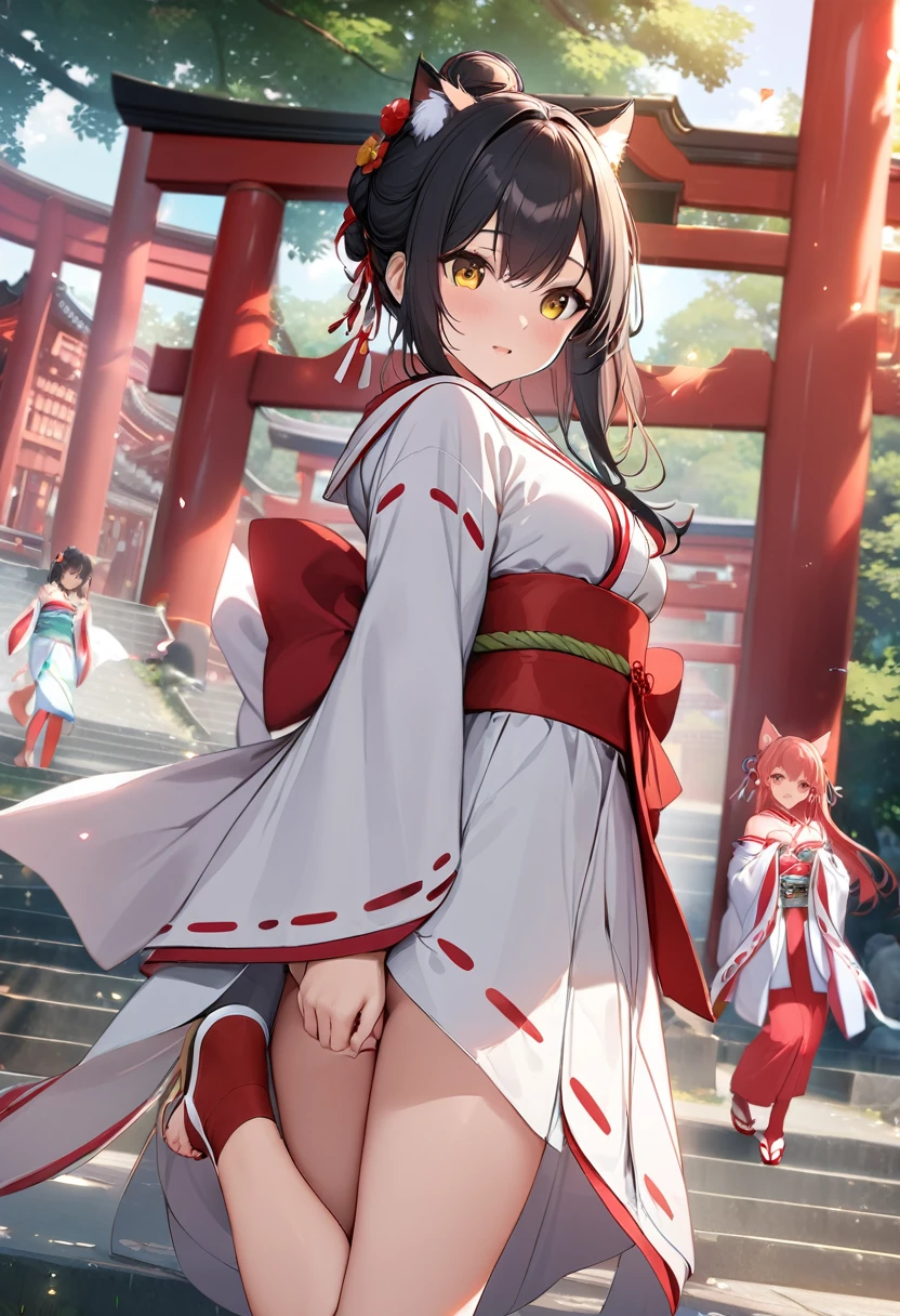 ((masterpiece,best quality)),outdoor, Red Torii, Tree, stairs,, 2 girls, Shrine maiden,Shrine maiden, looking at the audience, look back,, Red Legwear, red Ribbon, Black Hair,樱flower, sky, flower, Hair Bun, hair Ribbon, Japanese clothes, kimono, long hair, Cat ears, small flowers,, Multiple girls, Red Eyes, Red hair, Ribbon, sandals, single Hair Bun, permanent,clog sandals,white kimono, Yellow eyes,火flower,High Leg Raise,
