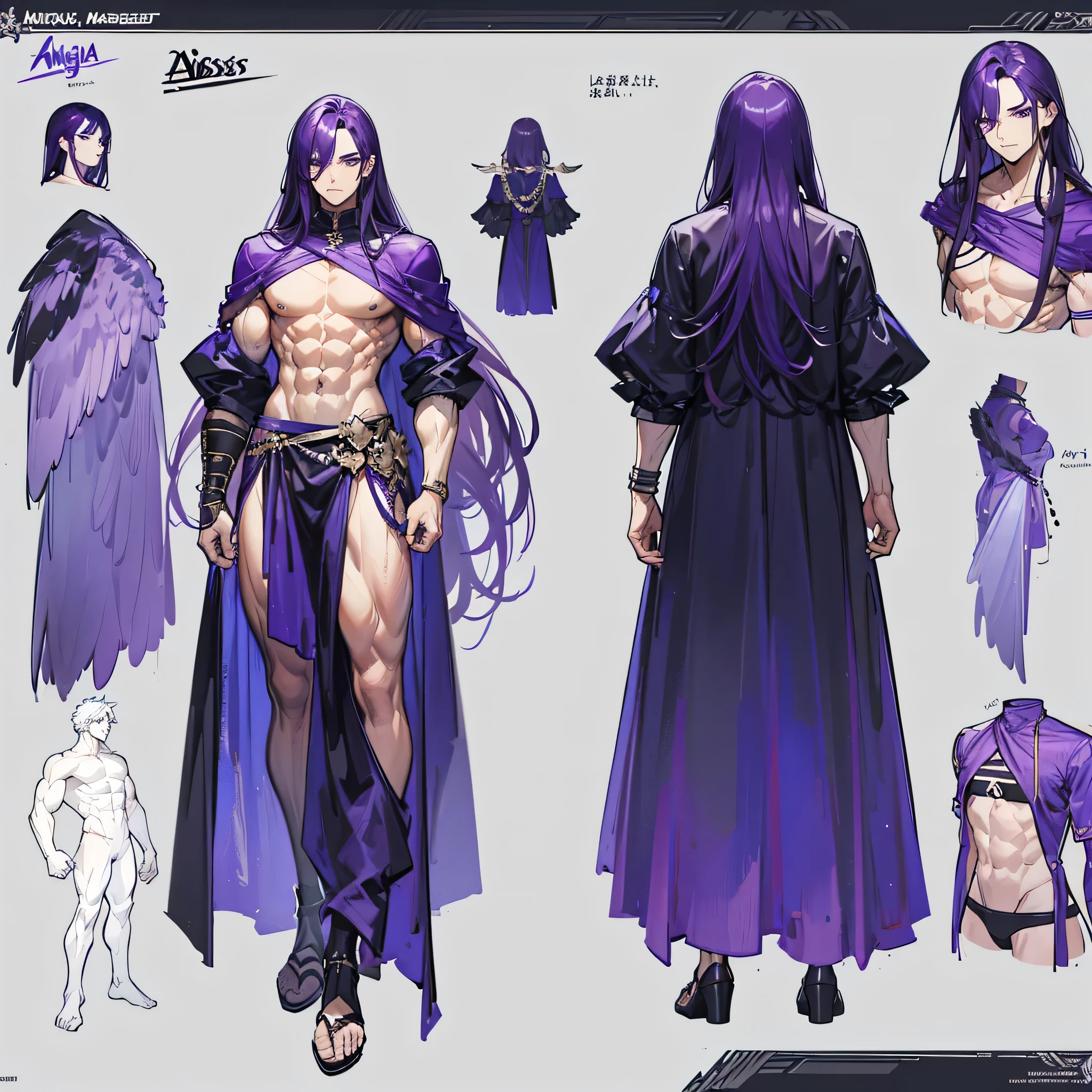 (Masterpiece, best quality), detailed, 1 man, ((character concept art)), ((character design sheet, same character, front, side, back)), full body, body complete, 1 Male, 1 Man, Detailed face, character design sheet,full bodyesbian, Highly detailed, character sheet, character design, Many parts, dark skin, angel wings, long purple hair, angel outfit, godness, masculine, muscle man, male muscle, manly, male angel, Muscle male with purple long hair,handsome man, man tall, abs, pectoral muscle