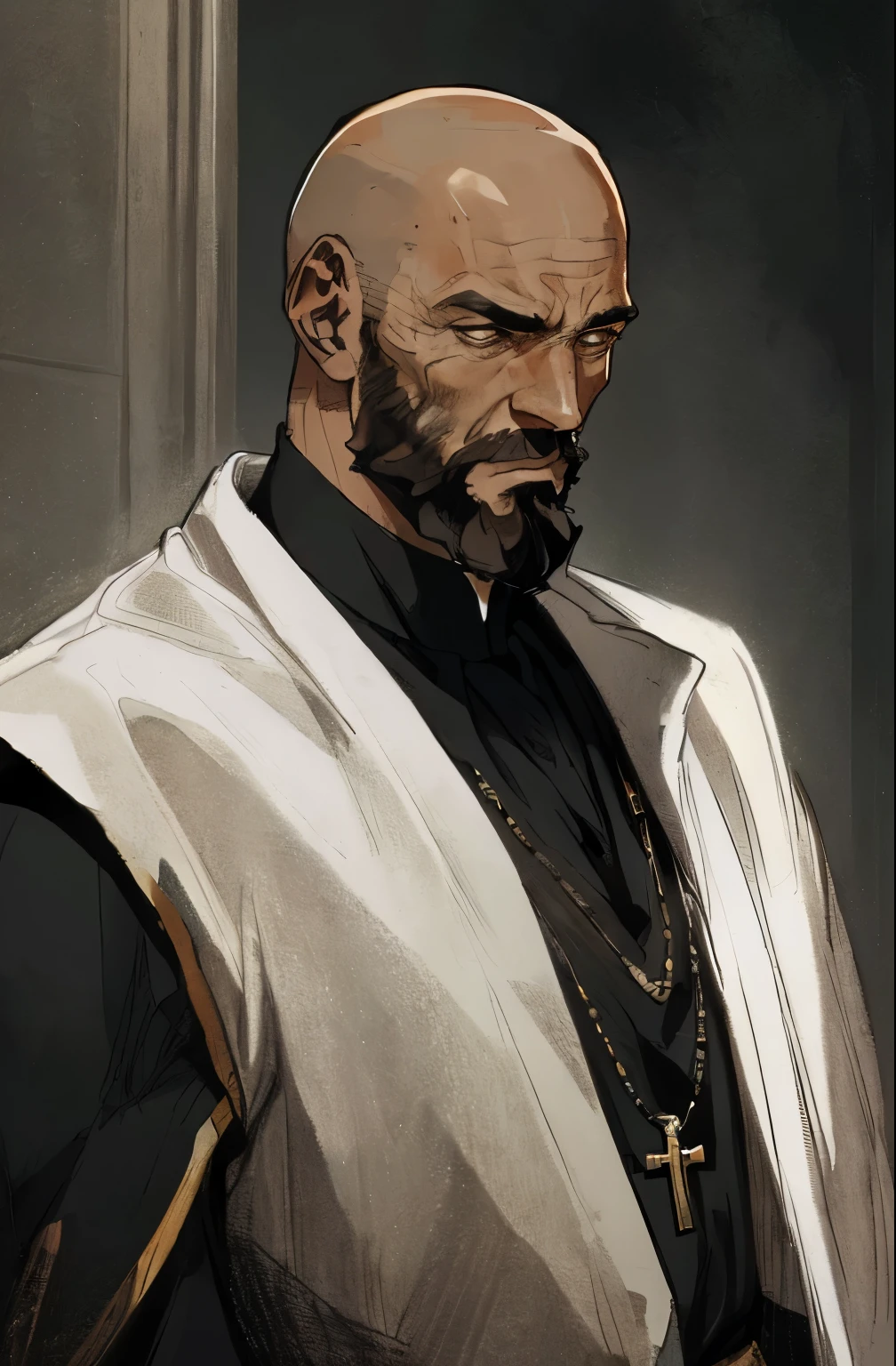1man,male_focused, older, masculine, portrait, rugged, male , priest, black_priest_clothing, robe, bald, bearded, in the style of Kentaro Miura, fantasy, SCI-FI, (brown eyes),