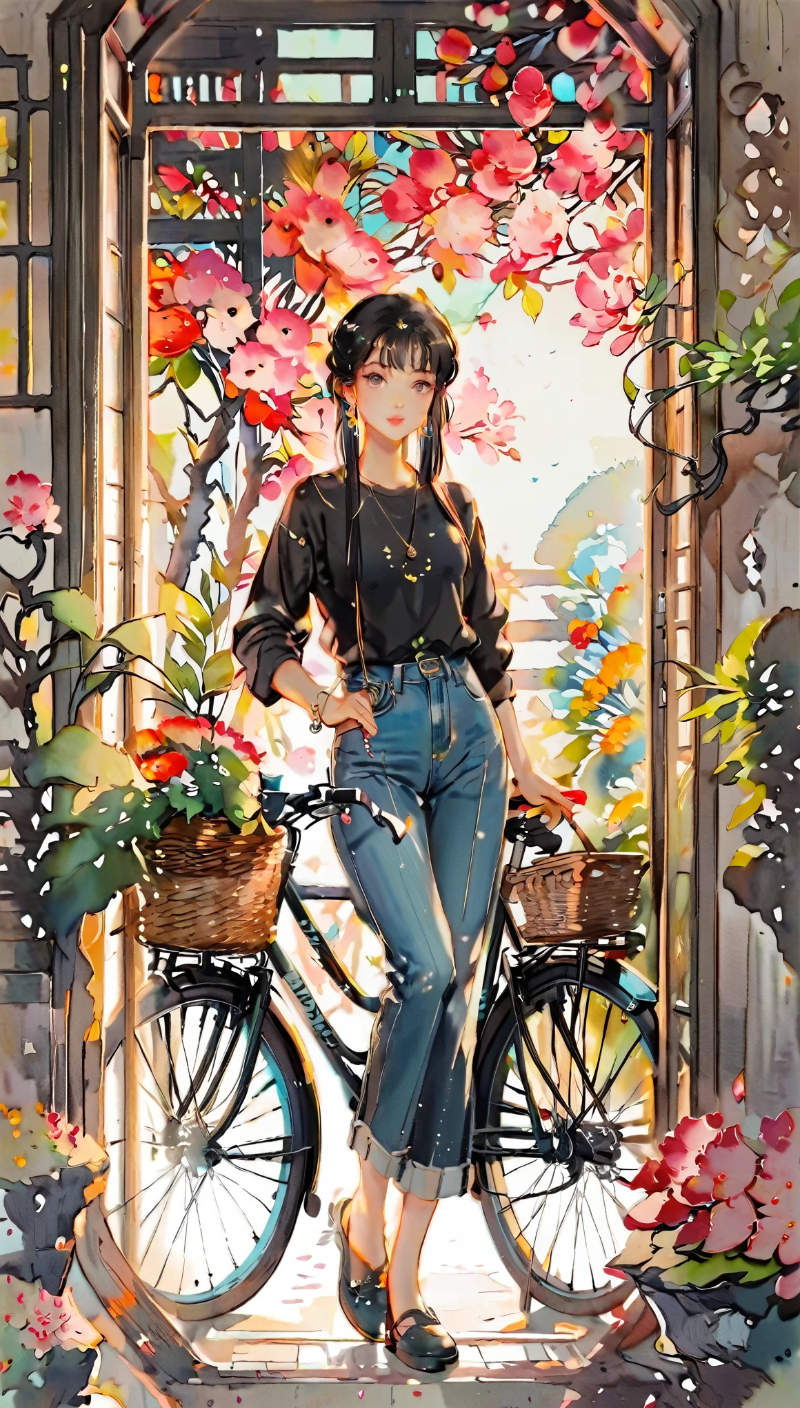 (((paper cutting style))), 1 girl, short black long hair, straight hair, shirts and denim, bicycle