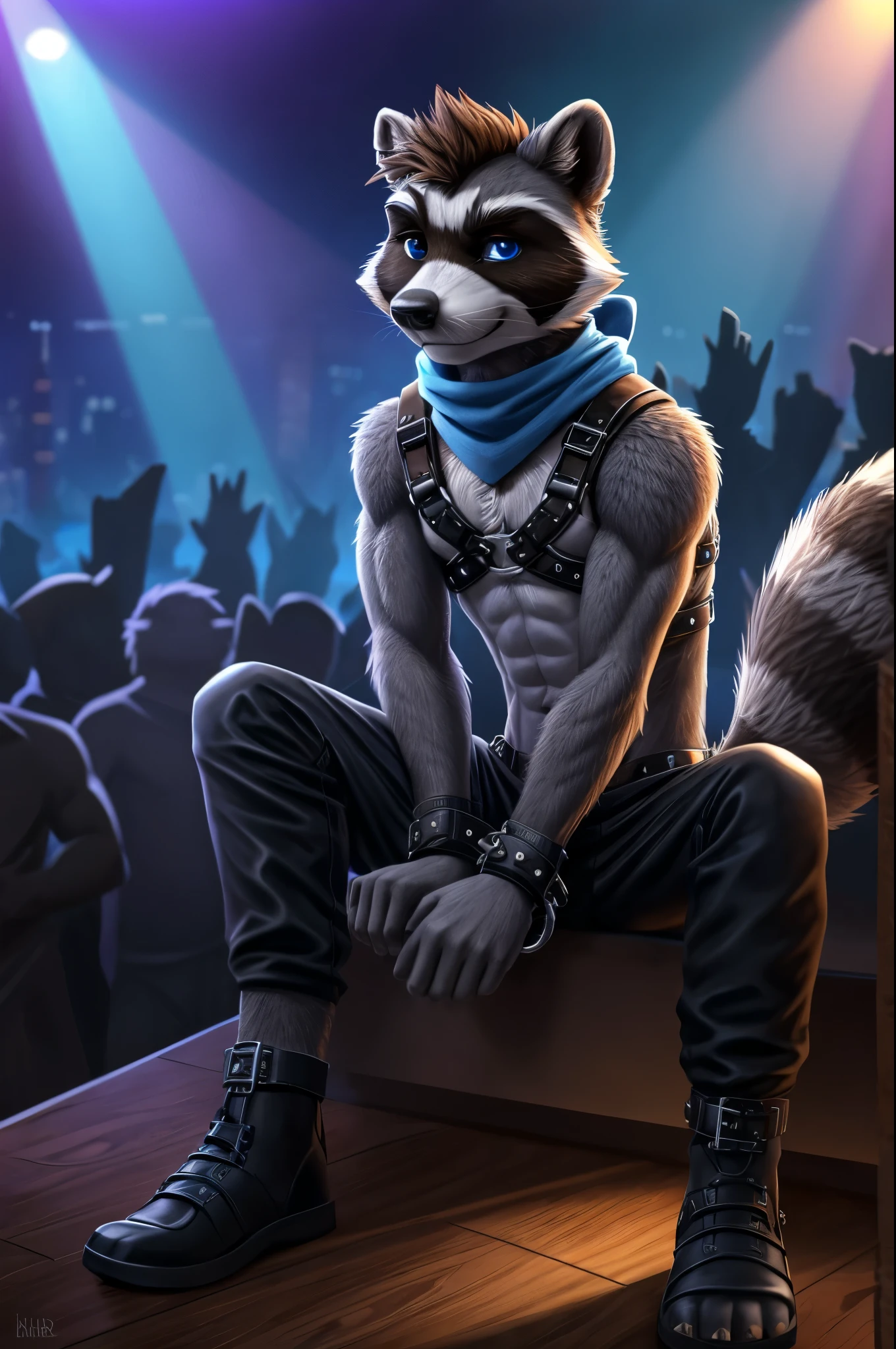 teen furry, furry, teenager, raccoon, grey body, brown spiked hair, detailed eyes, Detailed body fur, long blue scarf, leather_harness, blue_breechcloth, goggles, masterpiece, gray body, Detailed face, big eyebrows, blue eyes, detailed eyes, No muscles, Detailed hands, Flat body, Skinny, Detailed paws, metal cuffs on wrists, metal cuffs on ankles, black baggy pants, crowded nightclub, sitting, calm,