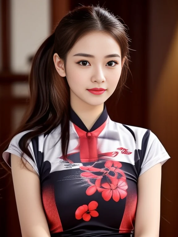 ภาพระยะใกล้ของผู้หญิงponytail, Woman wearing a volleyball shirt dark expensive silk, Thai anime girl, Chest size 36 inches, beautiful south  ponytail,) long, Flowing hair, ponytail, Korean face is so cute, Korean girl, cute korean stars,