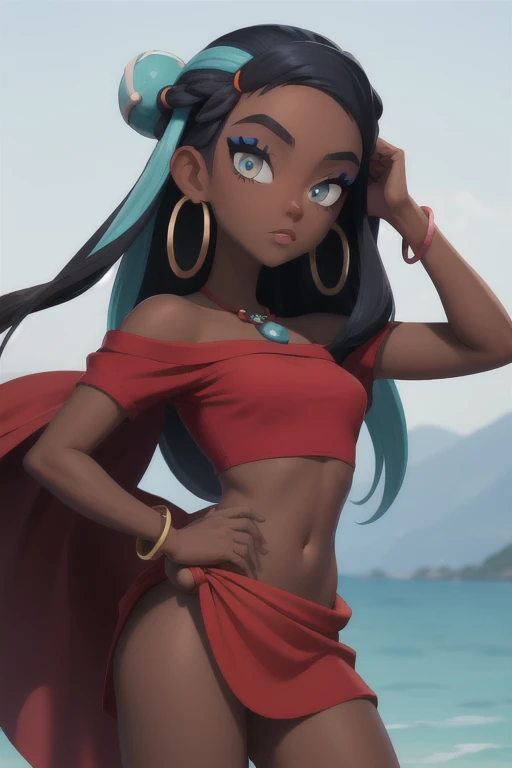 (masterpiece, best quality), 1girl, nessaswim, dark skin, makeup, single hair bun, swimsuit, red crop top, sarong, nessaholiday, dark skin, makeup, single hair bun, fur trim, red dress, short sleeves, hoop earrings, necklace, bracelet, bare shoulders, nessarnd, dark skin, makeup, single hair bun, hoop earrings