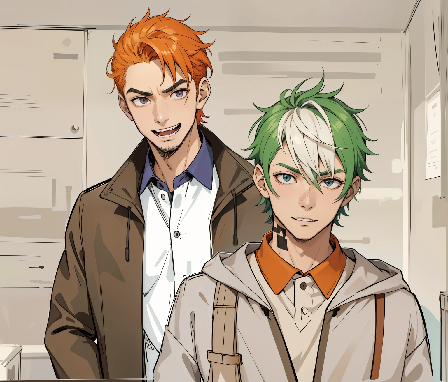 esta riendo con maldad con burla es un villano malvado (estilo anime 2d plano) esta riendose con mucha gracia y picardia tiene pena esta avergoncado pero se rie mucho