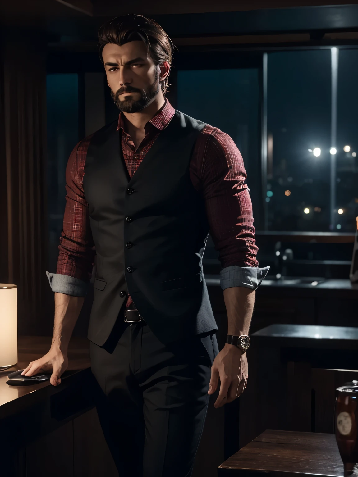 Imagem de um homem jovem barman em roupas formal vermelho escuro com cabelos longos, barba rala e olhar cansado, melancholic man with distant look, homem com um terno escuro de barrista, Ruined construction, handsome man in a destroyed and dark place at night, visto da cintura para cima, Foto realista, 4k, extreme resolution, ultra high resolution, dynamic lighting, personagem realista