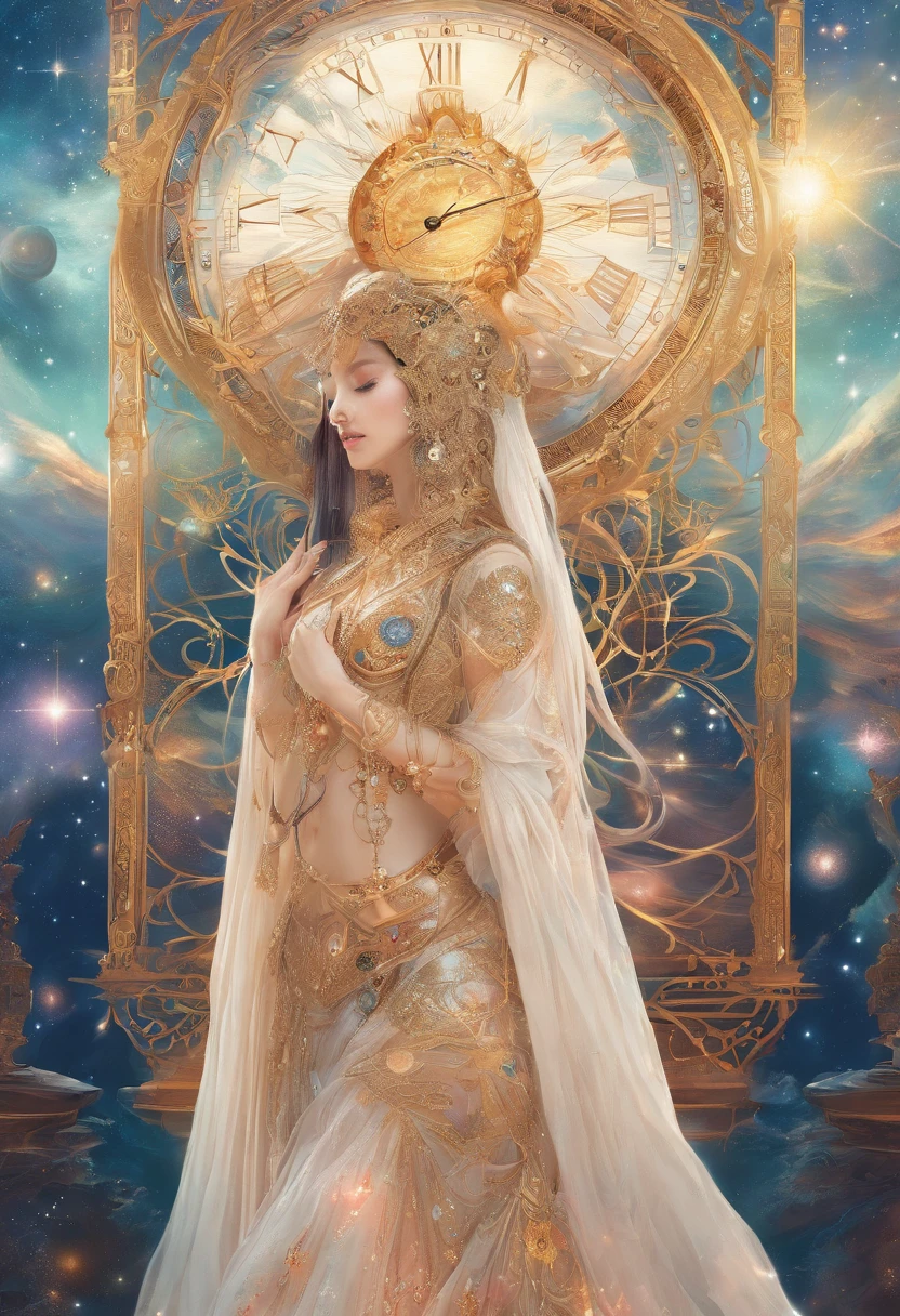 masterpiece,best quality,Ultra-high detail,Clear outlines,Outer Space,Stars,clock background,25 year old oriental beauty,long hair shawl,Light armor,walking in the stars