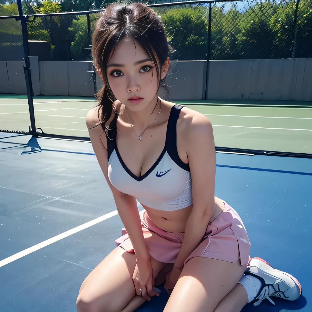 best quality,ultra-detailed,high resolution,extremely detailed CG,perfect anatomy,detailed,cinematic lighting,beautiful detailed eyes,ultra high res,1girl,15years old,gleaming skin,oil skin,sweat,humid,trembling,strong light coming in,spot lighting,bright,revealing,(sharp eye:1.2),(scowl:1.1),(stare at viewer with stern eyes:1.5),(bitting own lip:1.1),(angry:0.9),nose blush,(shamefull:1.2), surprised, (embarrassed,blush:1.3),nsfw,(ecstasy:1.3) ,(slut:1.2),(vulgarity:1.3),(fucked silly:1.1),(steam:1.1),(wet:0.8),(trembling:0.8),(tears:0.7) ,(drooling:0.6),(sweat:0.8),(nsfw:1.2),(Tennis Wear:1.2),(Young:1.2),Japanese,(Tennis court:1.2),large breasts,(Random Hairstyles:1.2),Bold Pose,(full body:1.2),skirt,Bra showing through clothes