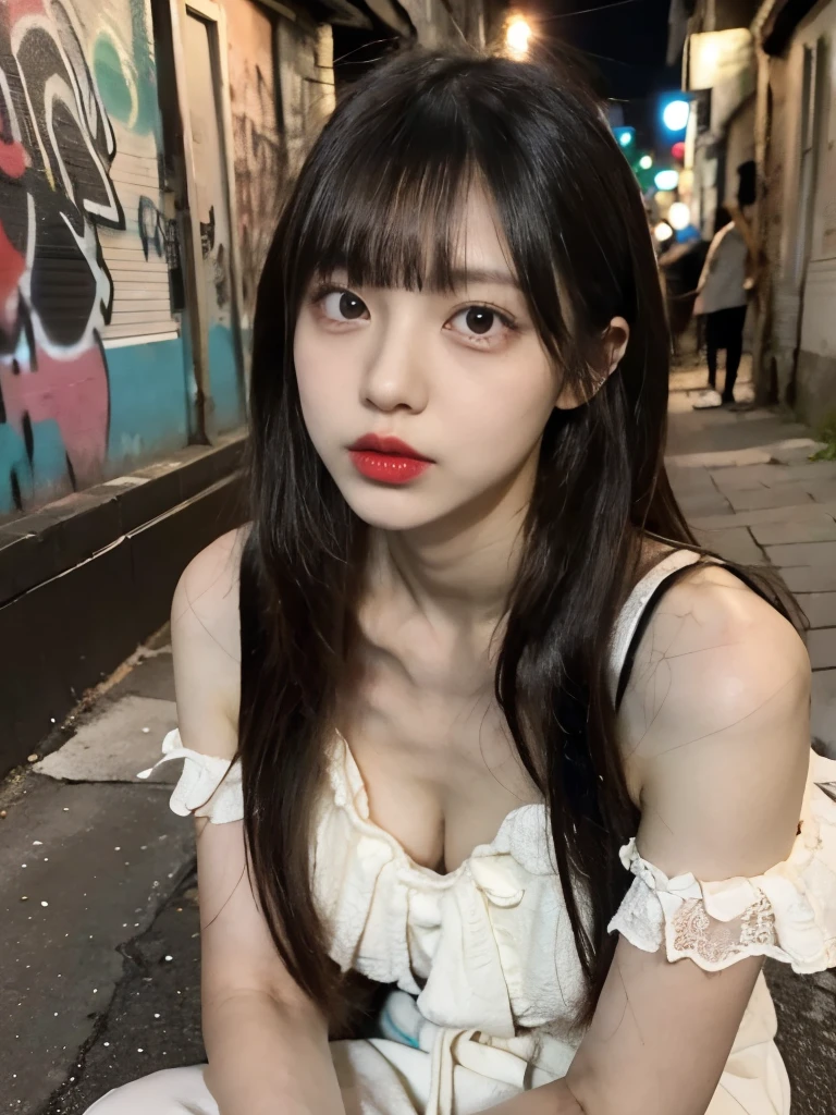 raw photo, 8k, (top-quality), Realistic, (real picture, Intricate details), (natural skin texture, detailed skin, hyper realism, sharpness), (Japanese girl sitting in a dirty back alley at night, graffitied wall:1.3), ((overlap blouse, munechira)), (pale skin:1.2, slender body), ((long straight hair, blunt bangs)), (seductive face, provocative look, Parted lips:1.3, eye bag:1.2, red thick lips), graffiti:1.5, night time, upper body shot, high angel shot, from abovd