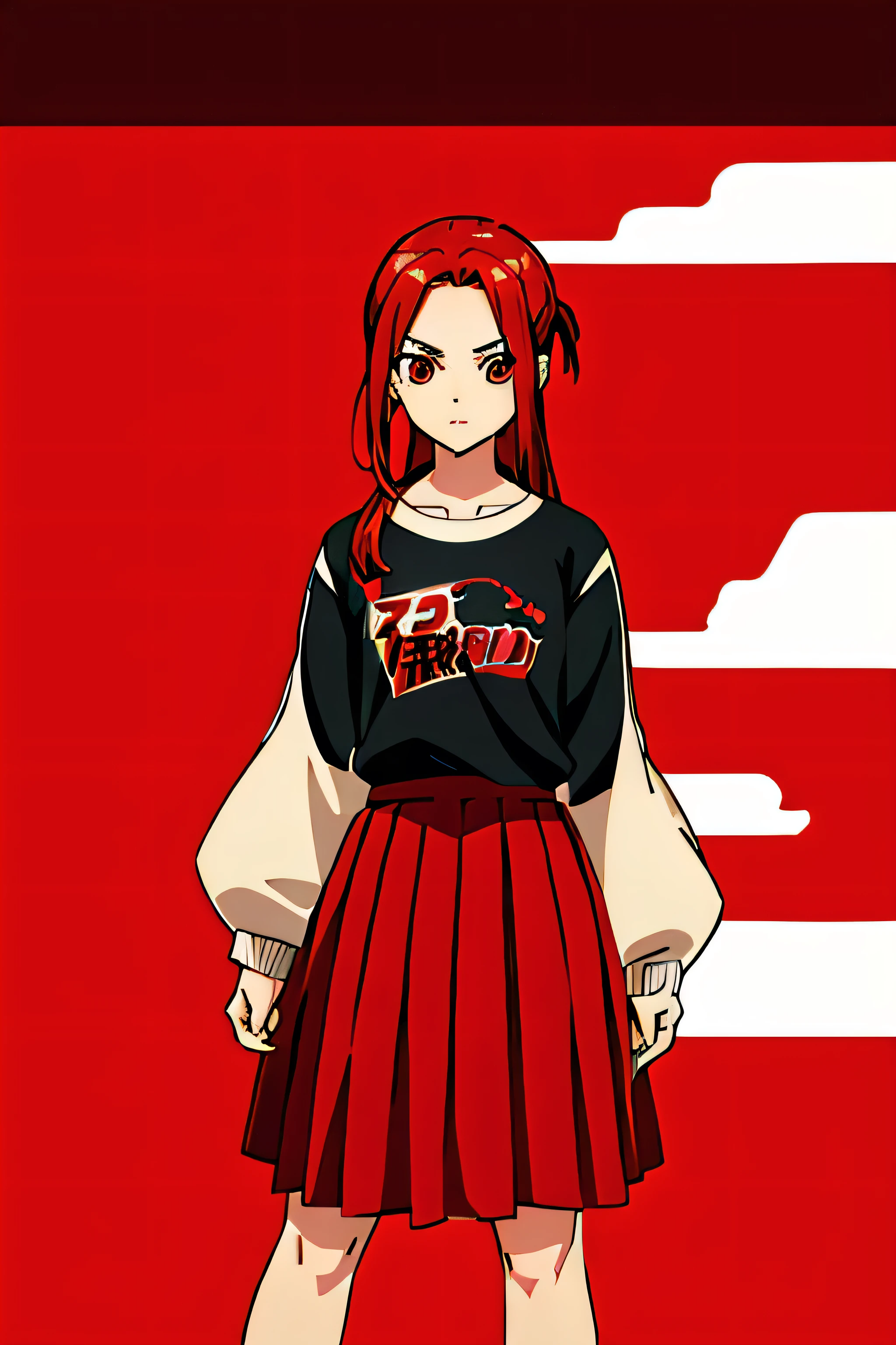  girl from a shonen anime,retro  clothes, red hair, red eyes, a black mark ink on the left cheek, blanco long sleeves shirt, red long skirt