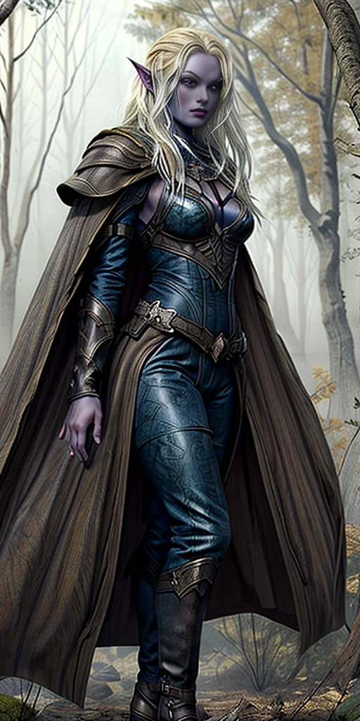 masterpiece, best quality, CG, wallpaper, HDR, high quality, high-definition, extremely detailed, full body toe to head female drow, colored skin, dark elf, blue skin, grey skin, pointy ears, cape, armor, looking at viewer, 1girl, forest, dark forest, mythical forest, dimmed light, brown eyes, long hair, chibi