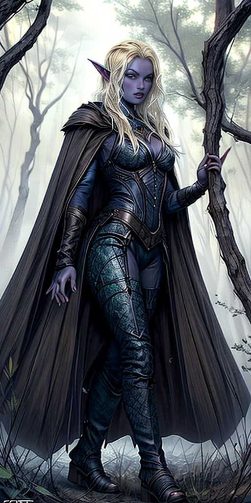 masterpiece, best quality, CG, wallpaper, HDR, high quality, high-definition, extremely detailed, full body toe to head female drow, colored skin, dark elf, blue skin, grey skin, pointy ears, cape, armor, looking at viewer, 1girl, forest, dark forest, mythical forest, dimmed light, brown eyes, long hair, chibi