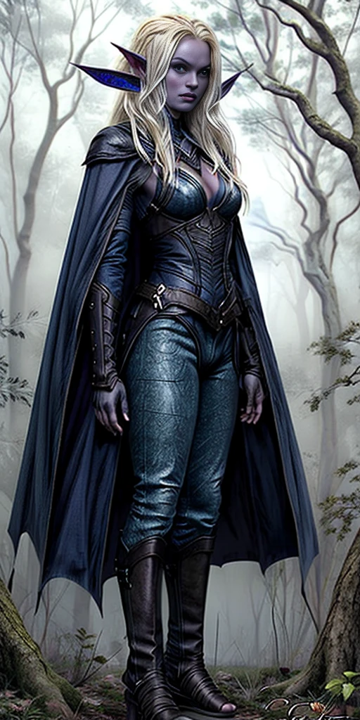 masterpiece, best quality, CG, wallpaper, HDR, high quality, high-definition, extremely detailed, full body toe to head female drow, colored skin, dark elf, blue skin, grey skin, pointy ears, cape, armor, looking at viewer, 1girl, forest, dark forest, mythical forest, dimmed light, brown eyes, long hair, chibi