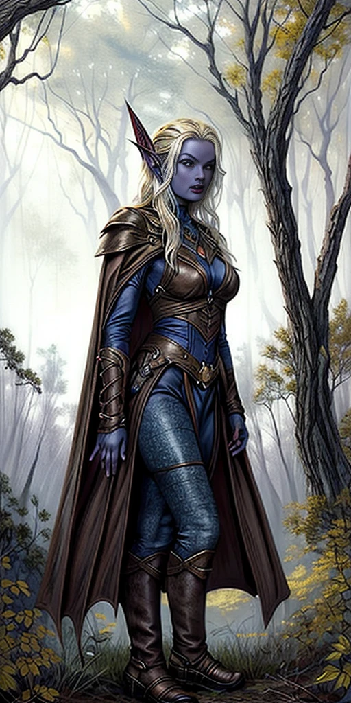 masterpiece, best quality, CG, wallpaper, HDR, high quality, high-definition, extremely detailed, full body toe to head female drow, colored skin, dark elf, blue skin, grey skin, pointy ears, cape, armor, looking at viewer, 1girl, forest, dark forest, mythical forest, dimmed light, brown eyes, long hair, chibi