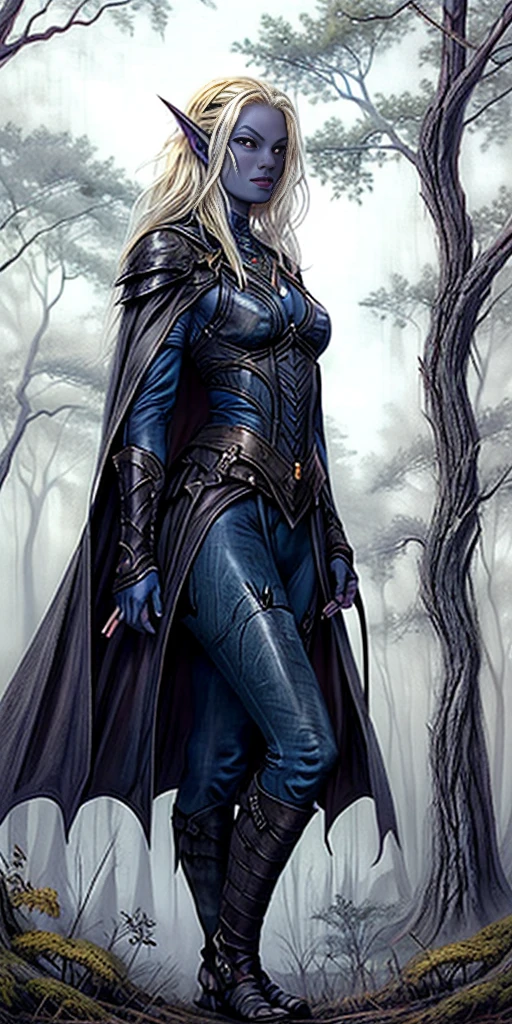 masterpiece, best quality, CG, wallpaper, HDR, high quality, high-definition, extremely detailed, full body toe to head female drow, colored skin, dark elf, blue skin, grey skin, pointy ears, cape, armor, looking at viewer, 1girl, forest, dark forest, mythical forest, dimmed light, brown eyes, long hair, chibi