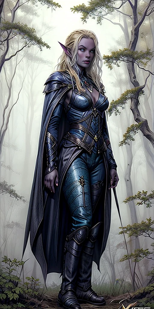 masterpiece, best quality, CG, wallpaper, HDR, high quality, high-definition, extremely detailed, full body toe to head female drow, colored skin, dark elf, blue skin, grey skin, pointy ears, cape, armor, looking at viewer, 1girl, forest, dark forest, mythical forest, dimmed light, brown eyes, long hair, chibi