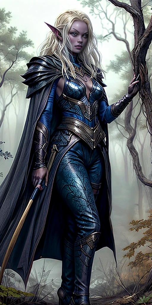 masterpiece, best quality, CG, wallpaper, HDR, high quality, high-definition, extremely detailed, full body toe to head female drow, colored skin, dark elf, blue skin, grey skin, pointy ears, cape, armor, looking at viewer, 1girl, forest, dark forest, mythical forest, dimmed light, brown eyes, long hair, chibi