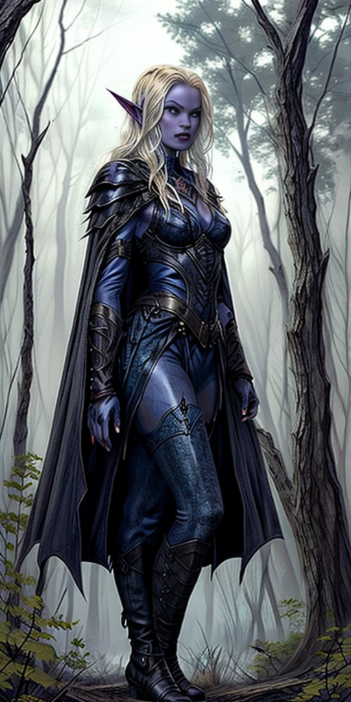 masterpiece, best quality, CG, wallpaper, HDR, high quality, high-definition, extremely detailed, full body toe to head female drow, colored skin, dark elf, blue skin, grey skin, pointy ears, cape, armor, looking at viewer, 1girl, forest, dark forest, mythical forest, dimmed light, brown eyes, long hair, chibi