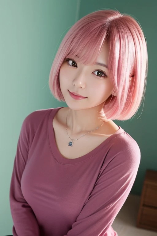 Taking a selfie with a smartphone、Cute Japanese Women Photos、Big ample breasts、Very short bob hair、Pink hair upper body、Face Focus、Long sleeve T-shirt、necklace、Simple Background、From above、
